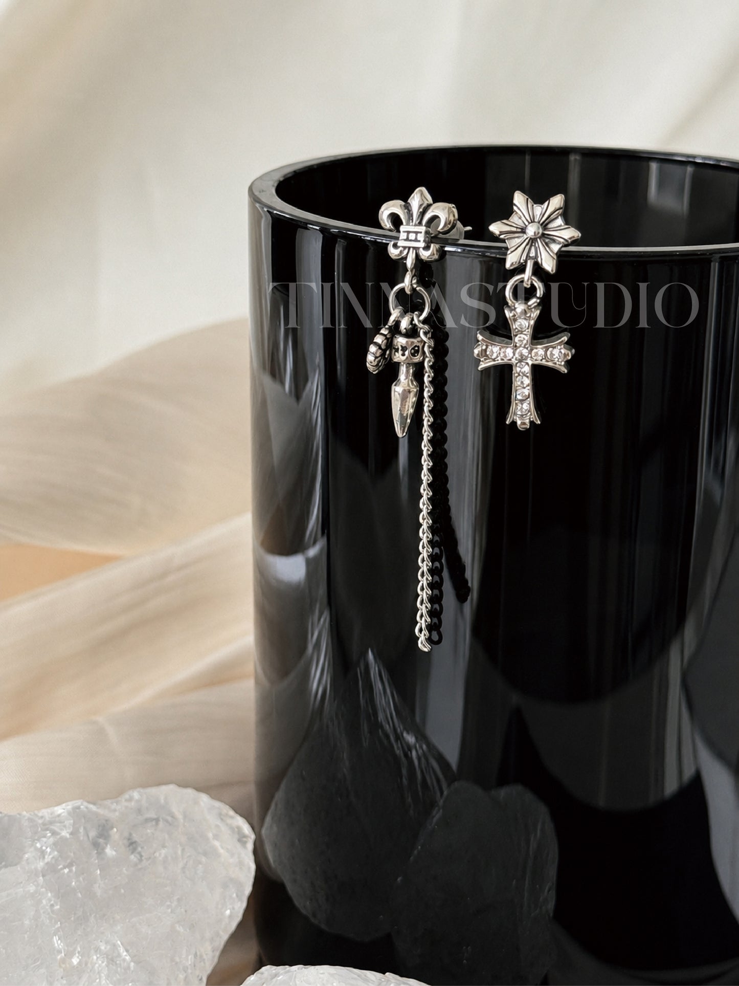 Y2K Gothic Silver Cross Earrings Set