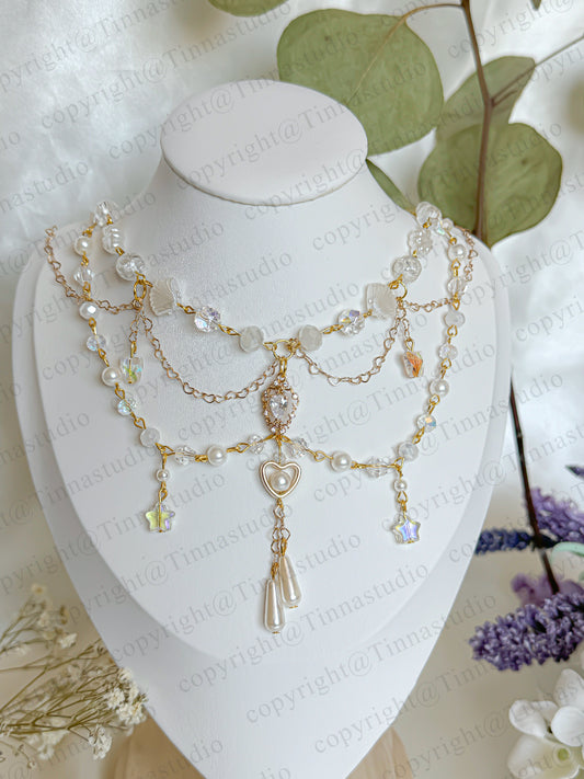 Celestial bloom white pearl layered necklace with heart charm and floral accents – handmade bridal jewelry