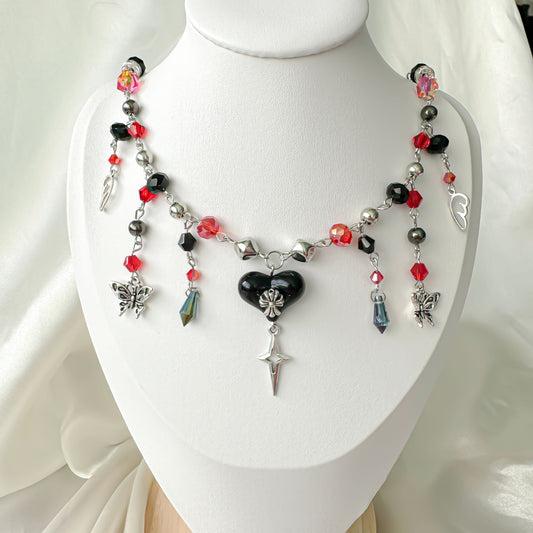 Black Red Chrome Heart Necklace