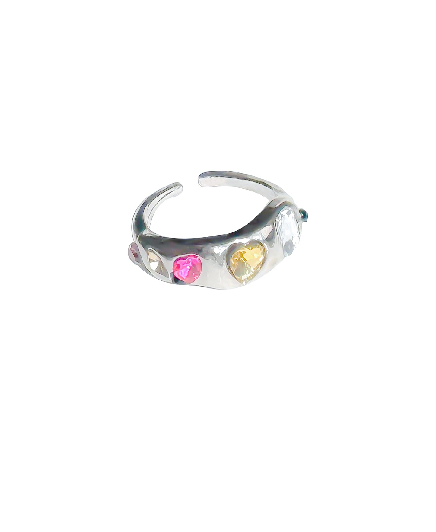 Chrome silver Y2K rings with colorful simulated gems in open adjustable design, candy-colored statement ring styled for tiktok, streetwear and gen Z fashion