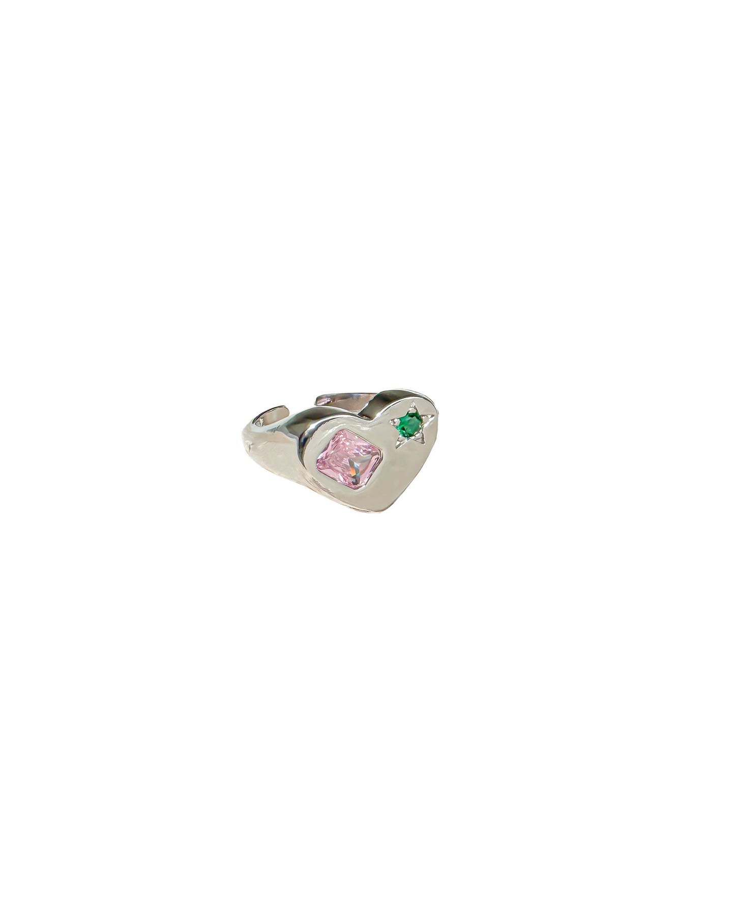 Chrome silver Y2K rings with colorful simulated gems in open adjustable design, candy-colored statement ring styled for tiktok, streetwear and gen Z fashion
