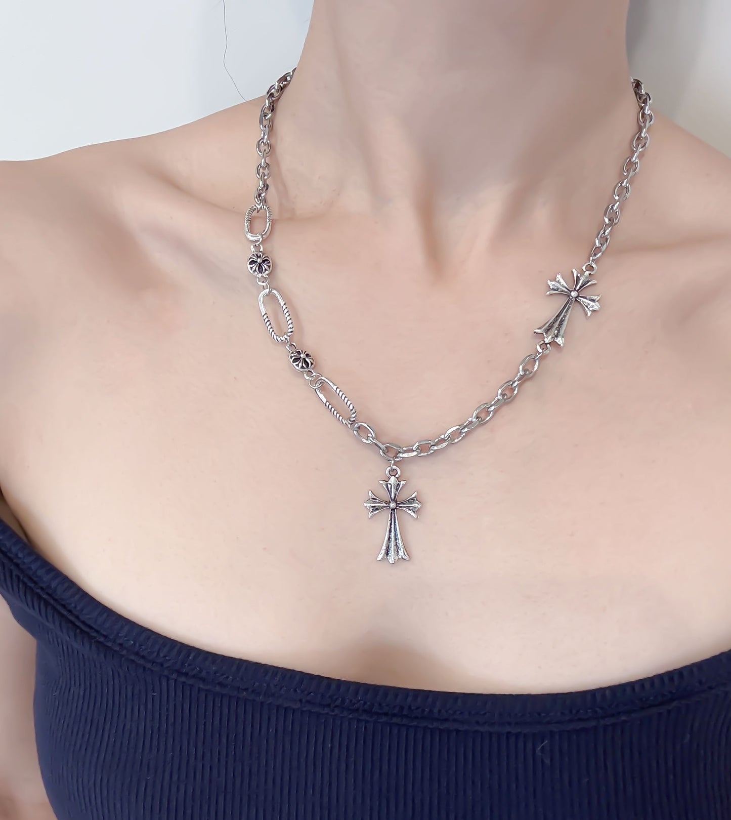 Gothic Silver Double Cross Necklace