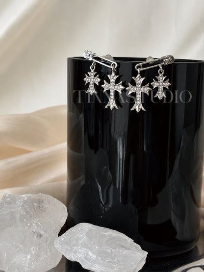 Y2K Gothic Silver Cross Earrings Set