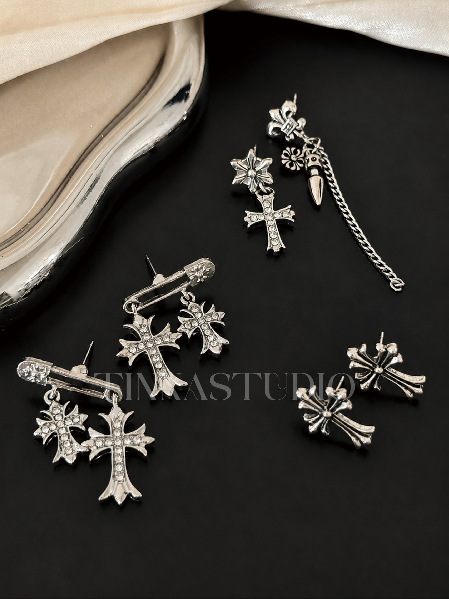 Y2K Gothic Silver Cross Earrings Set