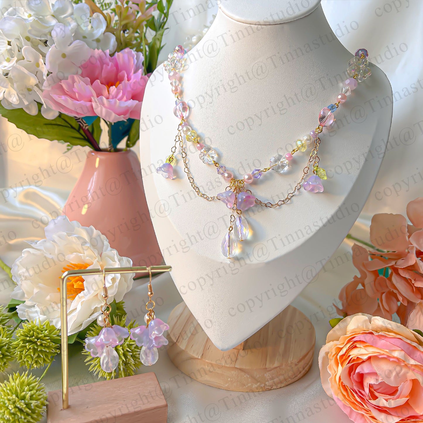 Handmade pastel floral necklace and earring set – fairycore jewelry