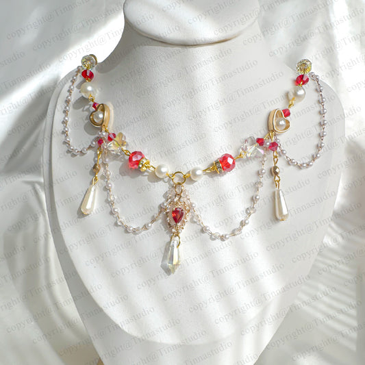 Handmade ruby red baroque choker with pearls, hearts and teardrop crystals – theatrical vintage style necklace