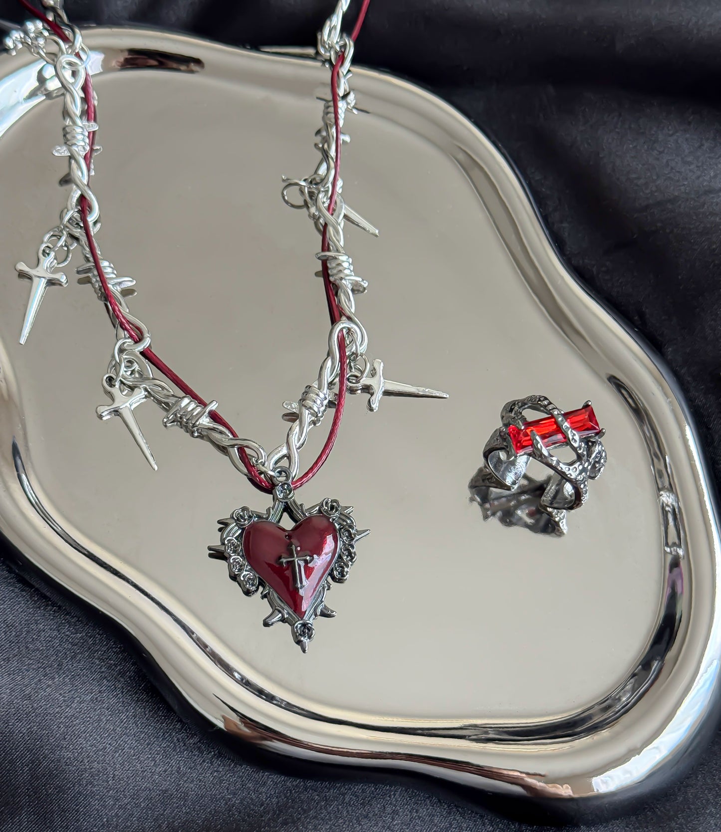 Gothic Red Heart Cross Jewelry Set
