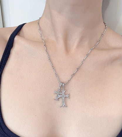 Gothic Silver Double Cross Necklace