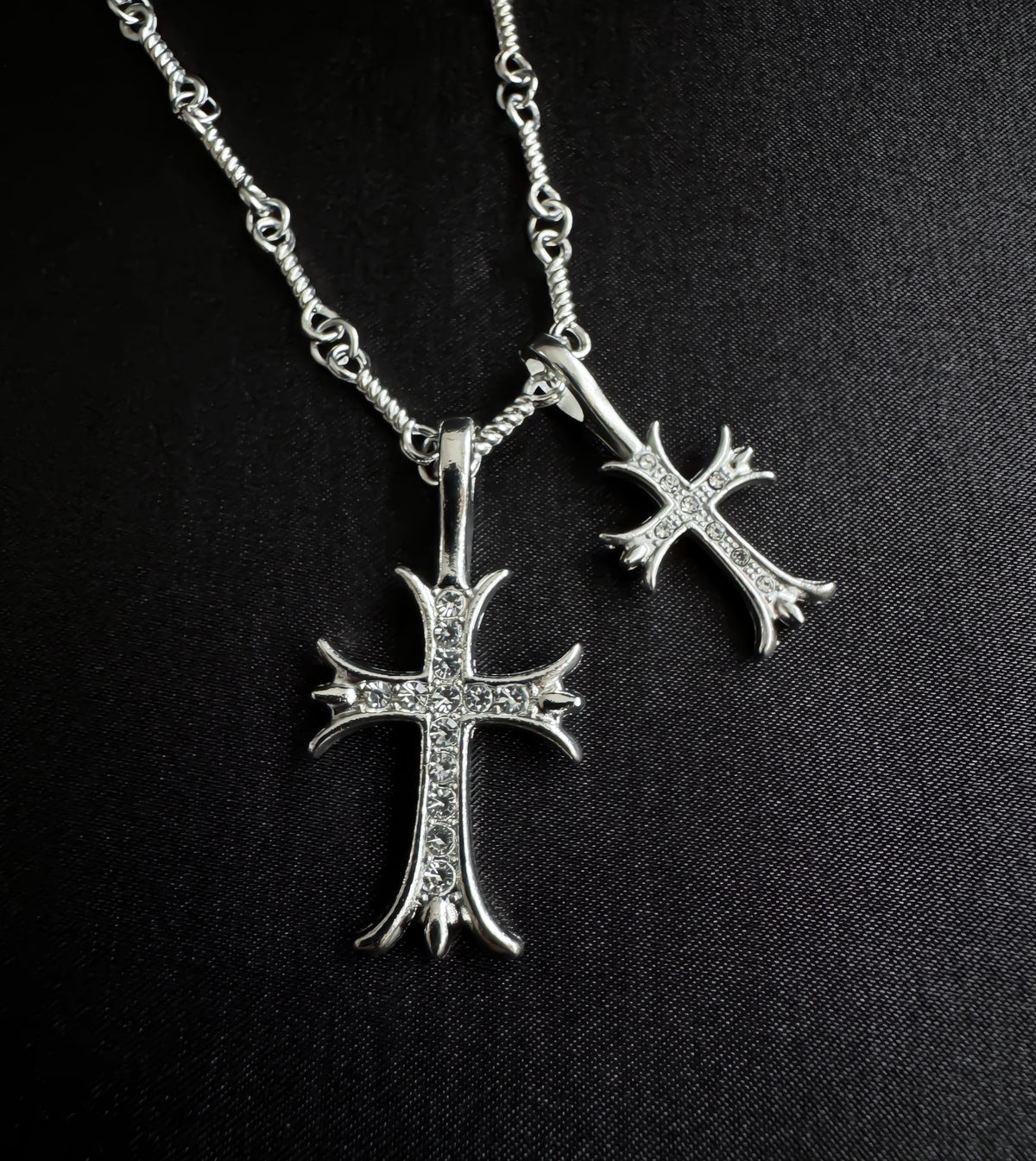 Gothic Silver Double Cross Necklace