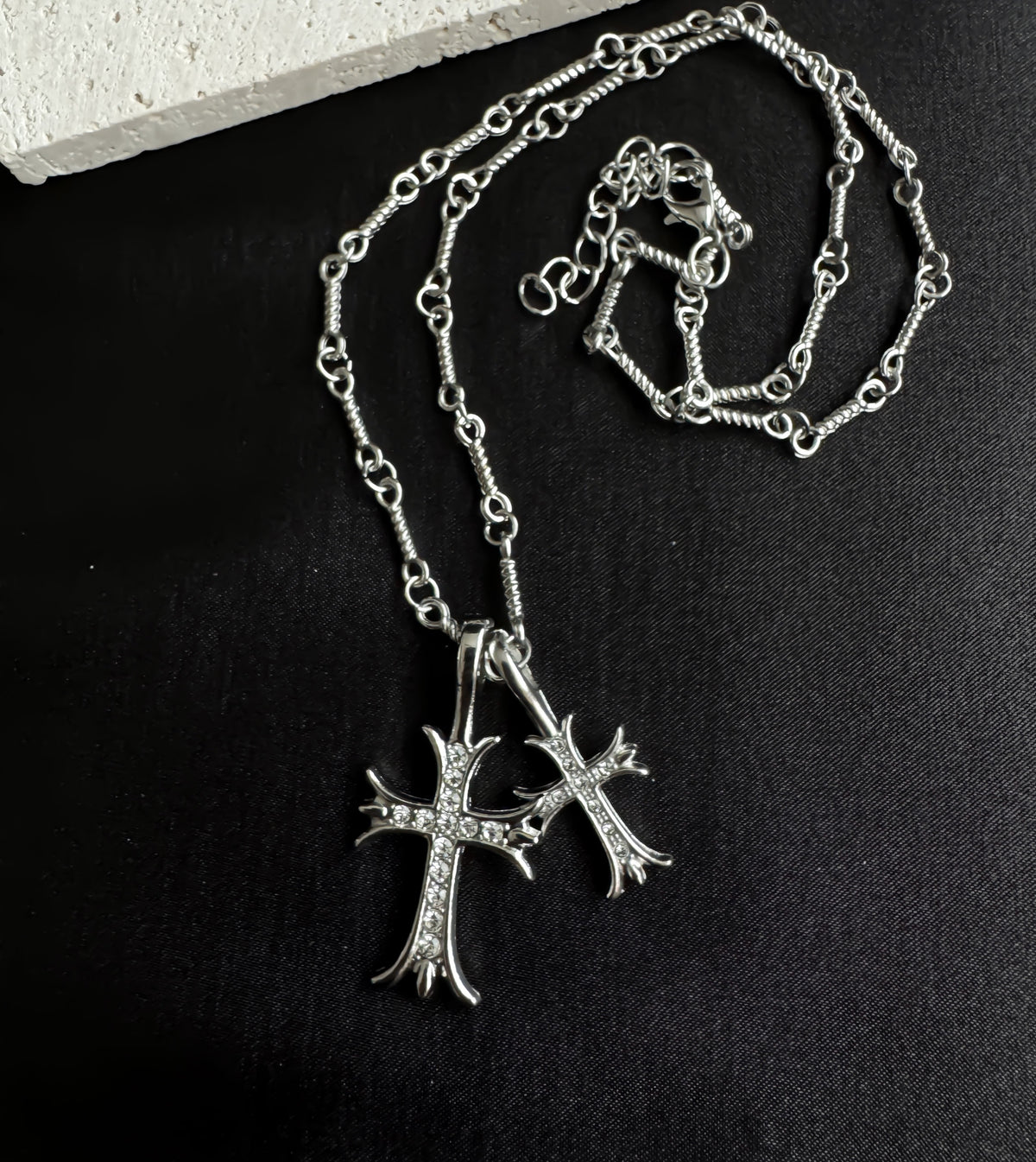 Gothic Silver Double Cross Necklace