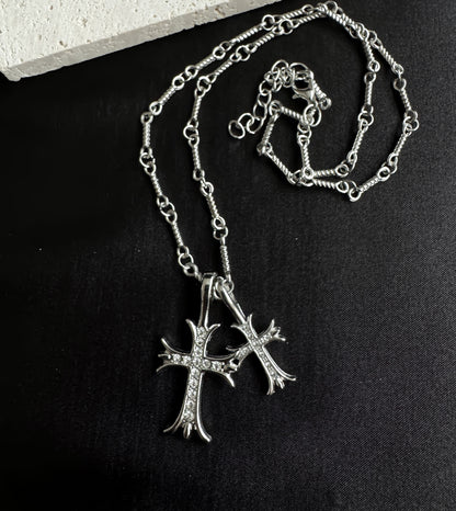 Gothic Silver Double Cross Necklace