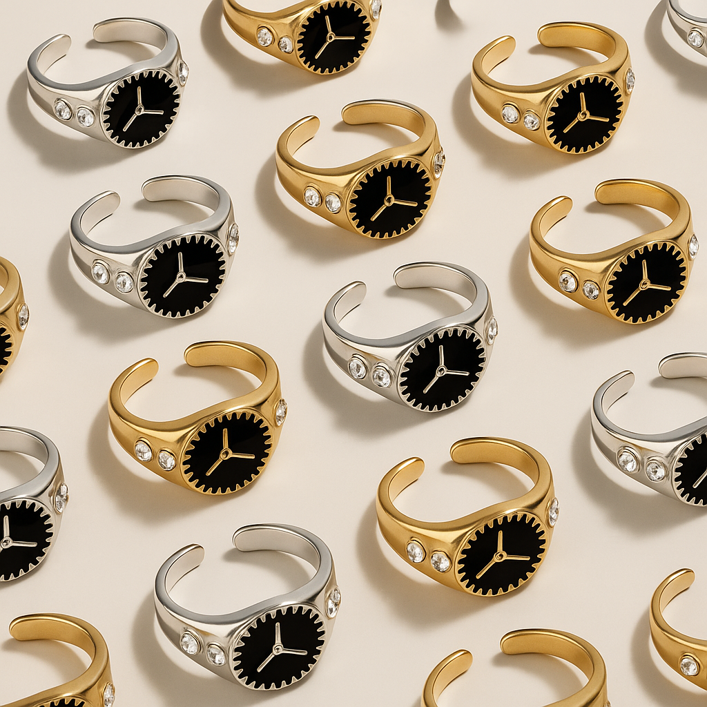 Bold unisex statement ring with watch-inspired design in gold and silver