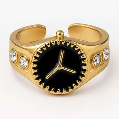 Gold Y2K ring with black faux watch face and clear rhinestones on sides