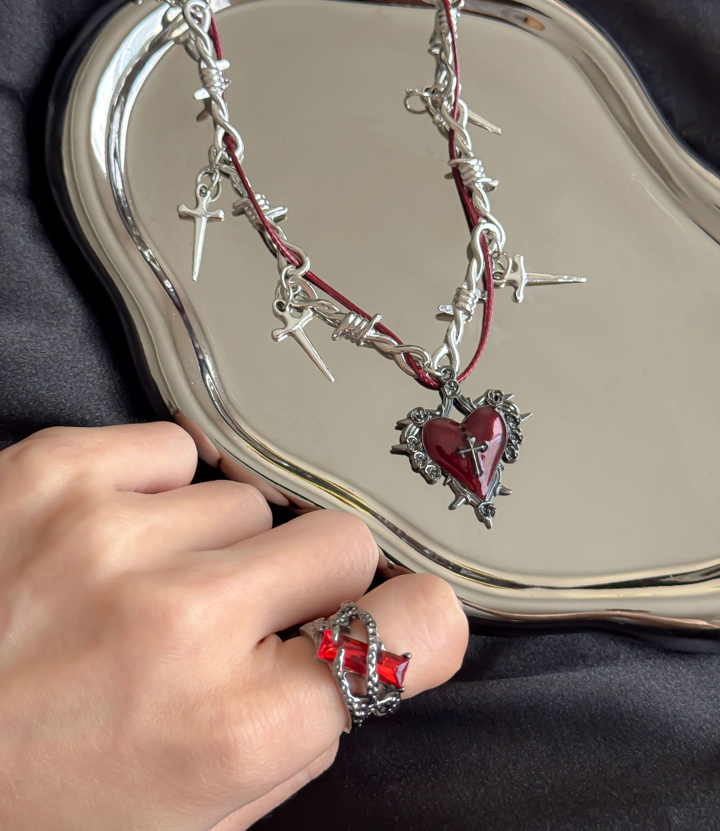 Gothic Red Heart Cross Jewelry Set