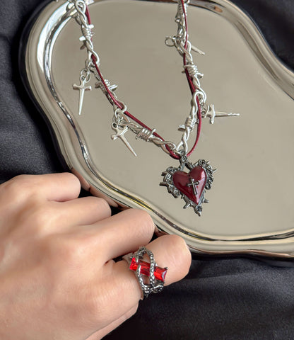 Gothic Red Heart Cross Jewelry Set