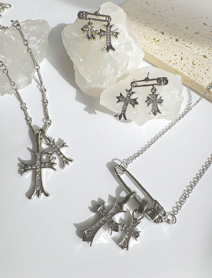 Gothic Silver Double Cross Necklace