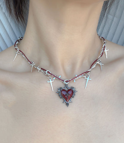 Gothic Red Heart Cross Jewelry Set