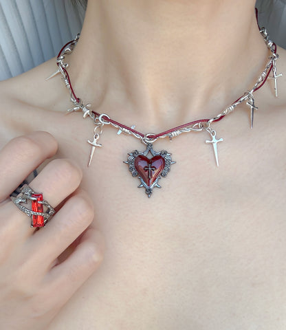 Gothic Red Heart Cross Jewelry Set