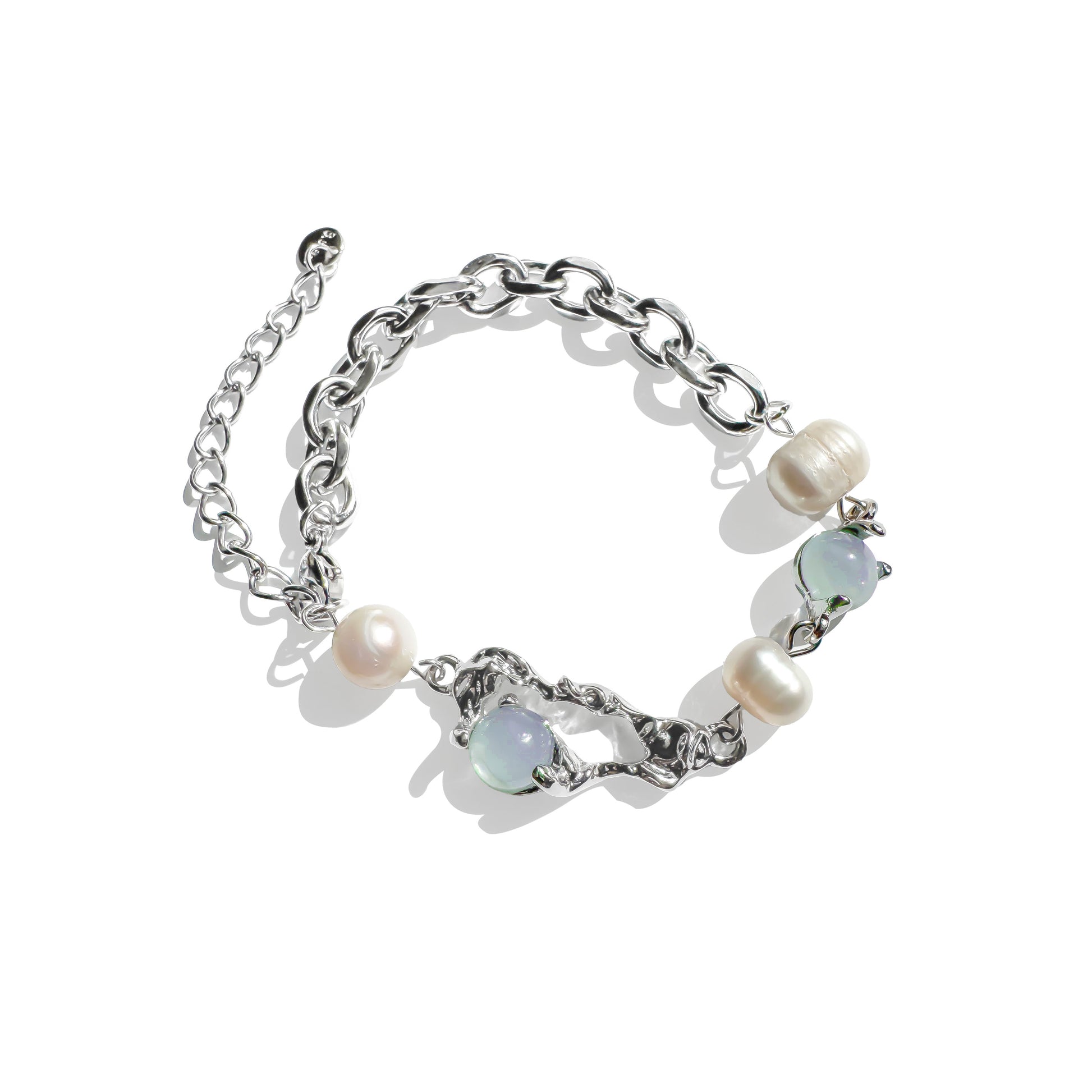 Silver chain bracelet with irregular links, opalite stones and freshwater pearls