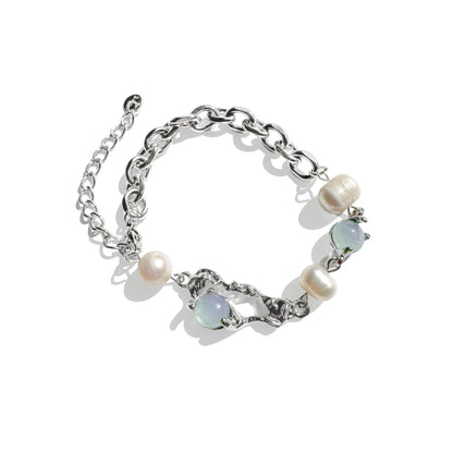 Silver chain bracelet with irregular links, opalite stones and freshwater pearls