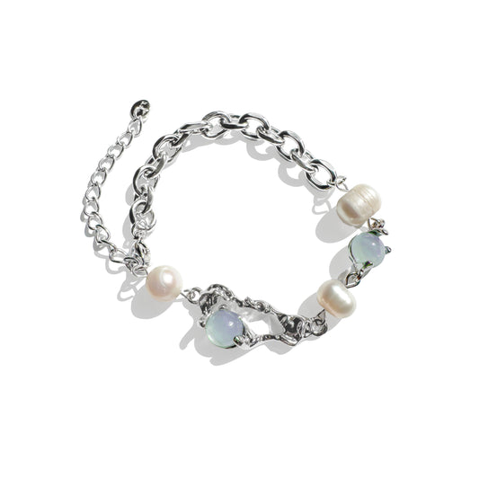 Silver chain bracelet with irregular links, opalite stones and freshwater pearls