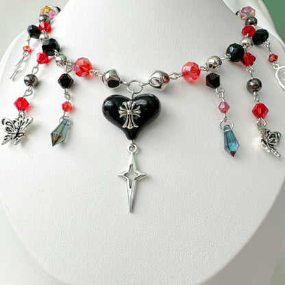 Black Red Chrome Heart Necklace