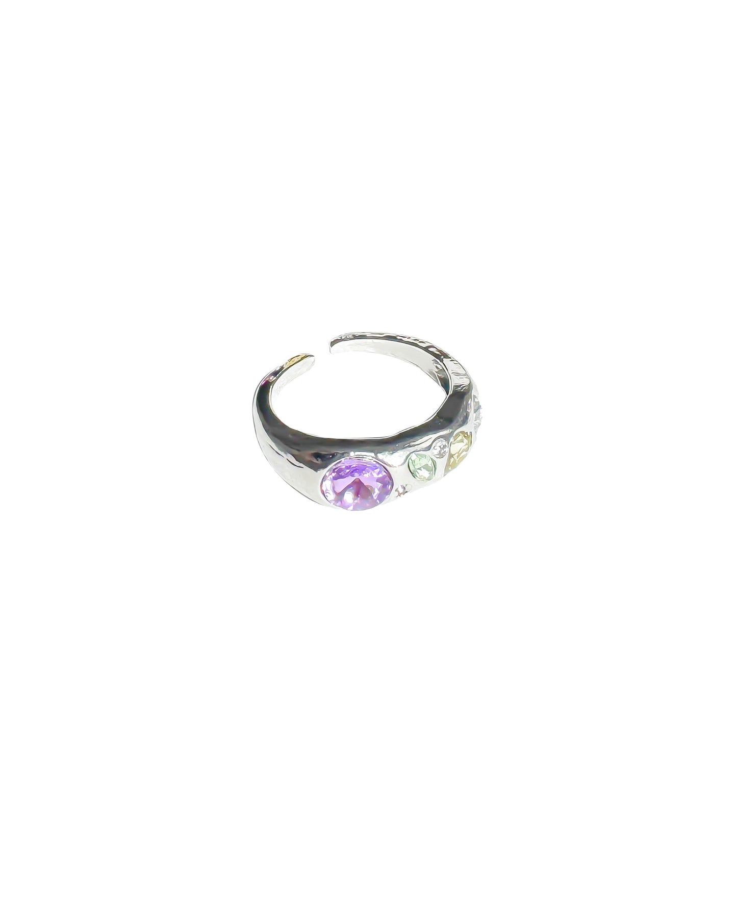 Chrome silver Y2K rings with colorful simulated gems in open adjustable design, candy-colored statement ring styled for tiktok, streetwear and gen Z fashion
