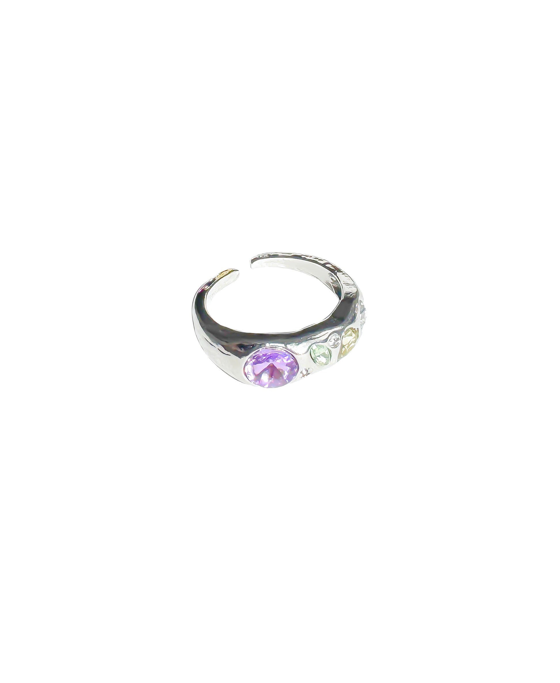 Chrome silver Y2K rings with colorful simulated gems in open adjustable design, candy-colored statement ring styled for tiktok, streetwear and gen Z fashion