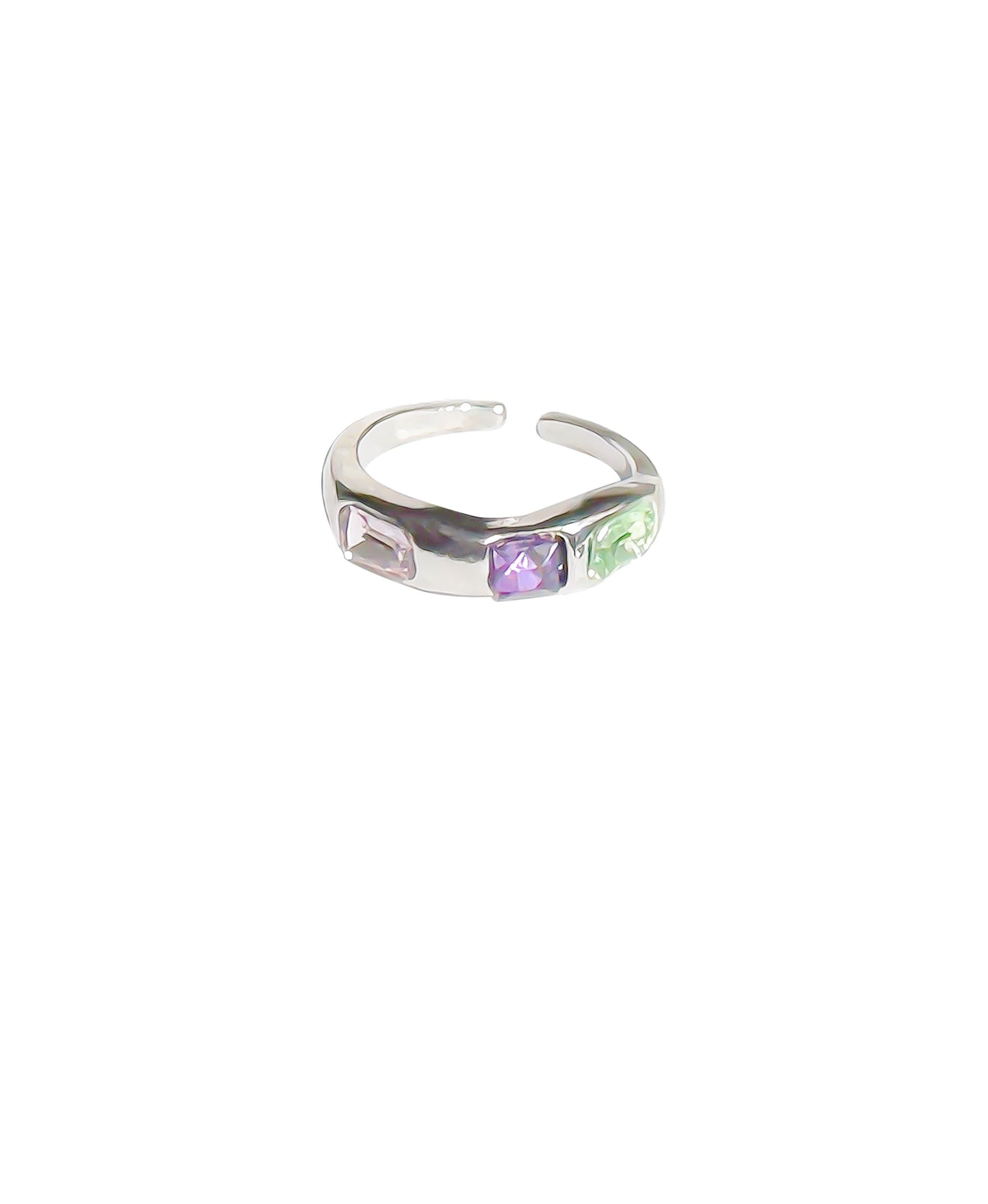 Chrome silver Y2K rings with colorful simulated gems in open adjustable design, candy-colored statement ring styled for tiktok, streetwear and gen Z fashion