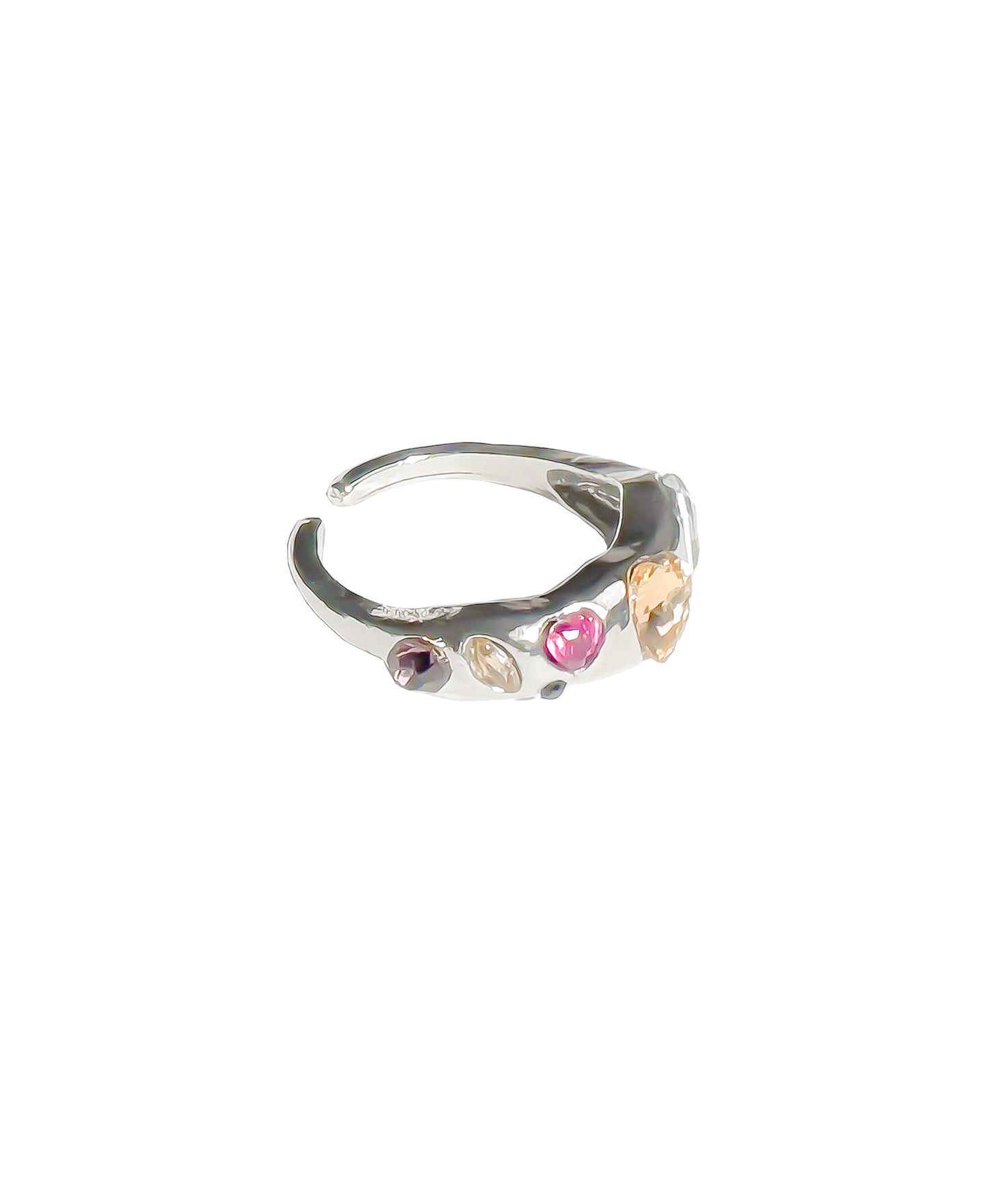 Chrome silver Y2K rings with colorful simulated gems in open adjustable design, candy-colored statement ring styled for tiktok, streetwear and gen Z fashion