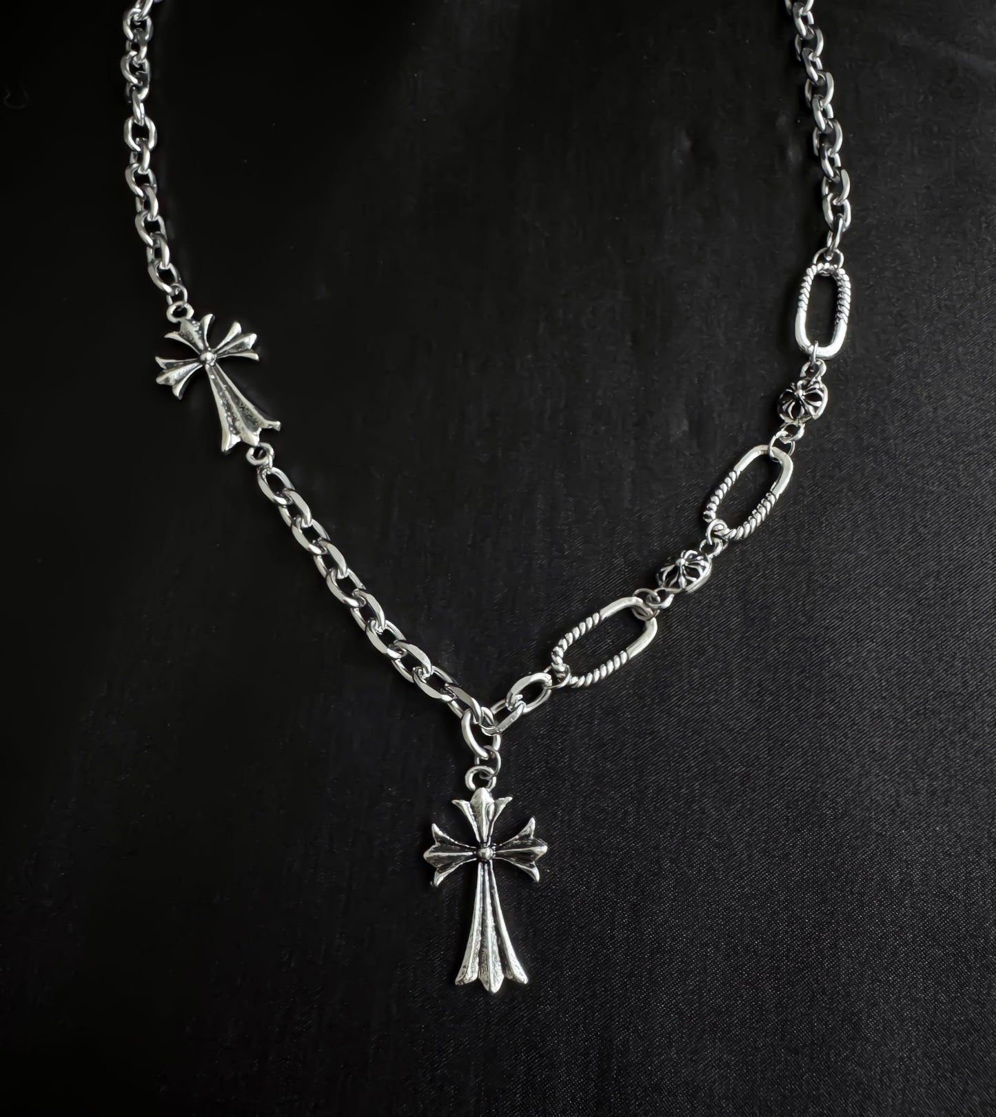 Gothic Silver Double Cross Necklace