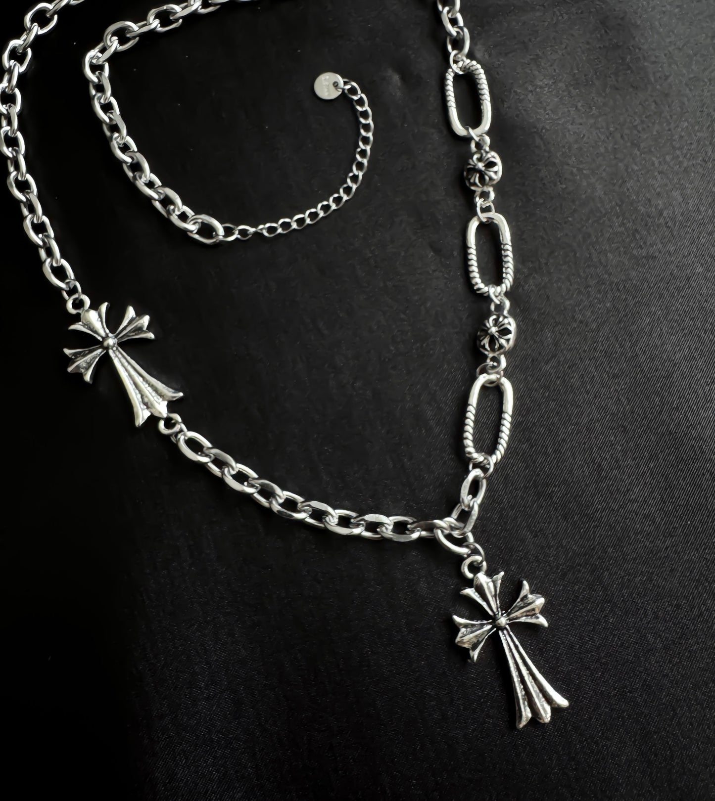 Gothic Silver Double Cross Necklace
