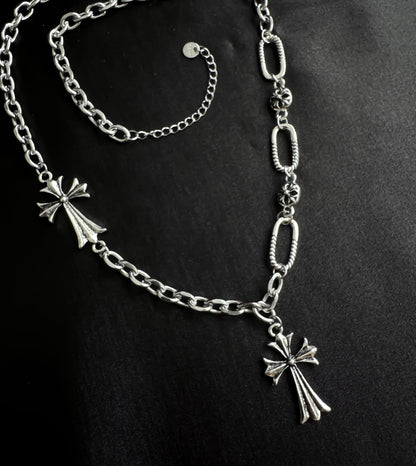 Gothic Silver Double Cross Necklace