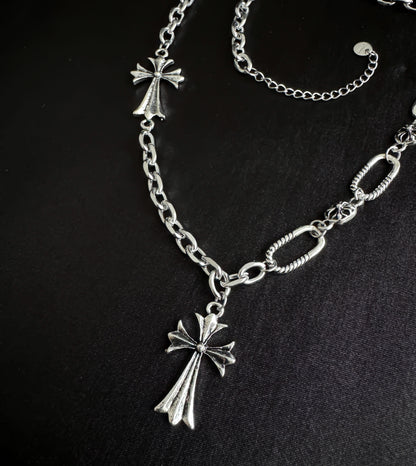 Gothic Silver Double Cross Necklace