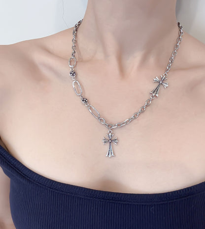 Gothic Silver Double Cross Necklace